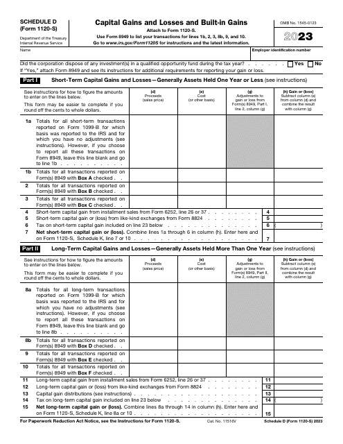 IRS Form 1120-S Schedule D Capital Gains and Losses and Built-In Gains, 2023