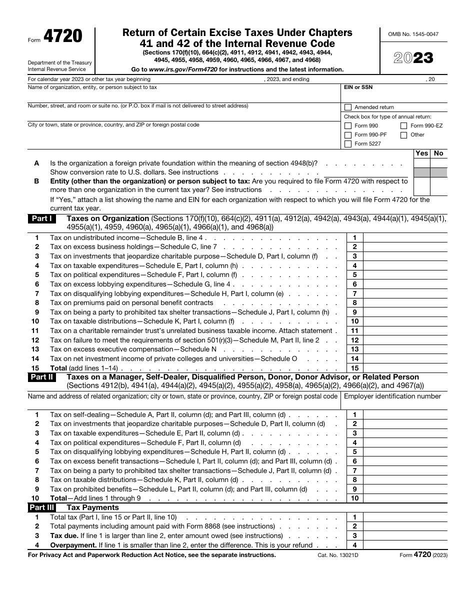 IRS Form 4720 Return of Certain Excise Taxes Under Chapters 41 and 42 of the Internal Revenue Code, Page 1