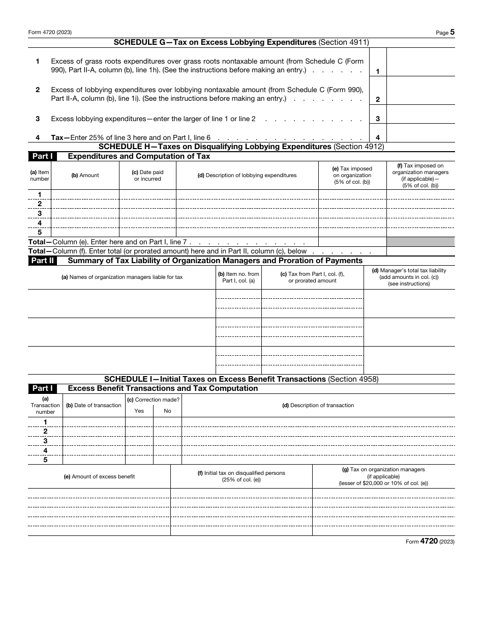 IRS Form 4720 Return of Certain Excise Taxes Under Chapters 41 and 42 of the Internal Revenue Code, Page 5