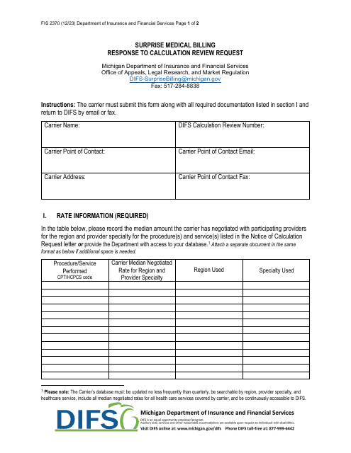 Form FIS2370 Surprise Medical Billing Response to Calculation Review Request - Michigan