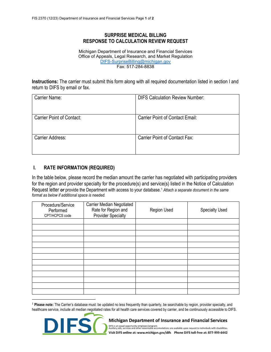 Form FIS2370 Surprise Medical Billing Response to Calculation Review Request - Michigan, Page 1
