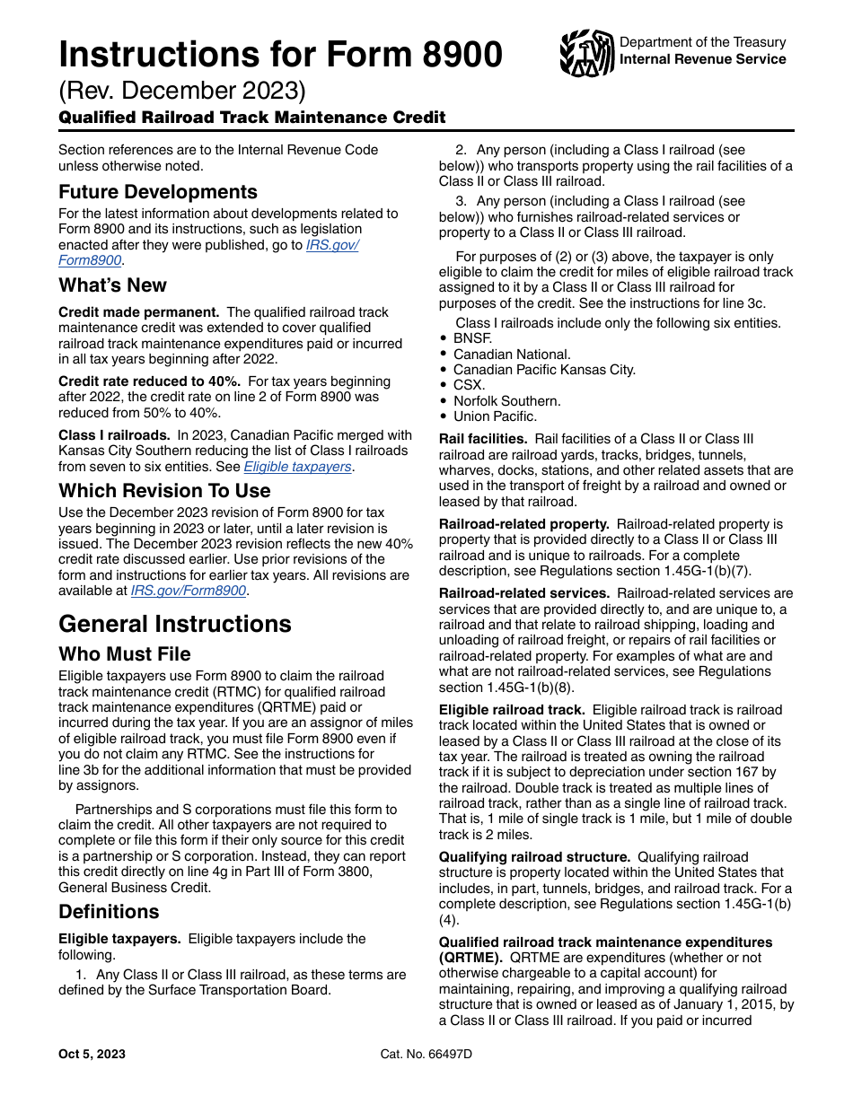 Instructions for IRS Form 8900 Qualified Railroad Track Maintenance Credit, Page 1