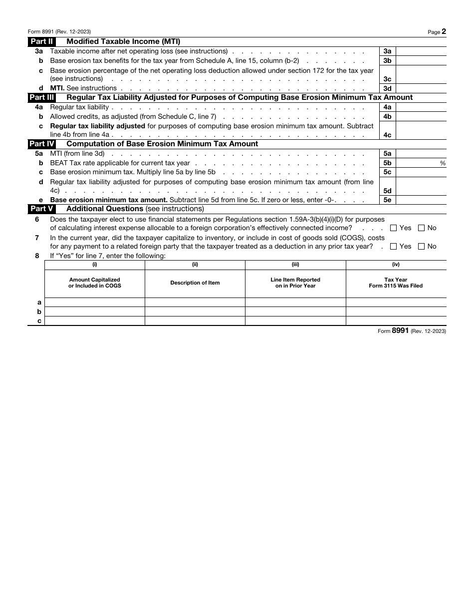 IRS Form 8991 Tax on Base Erosion Payments of Taxpayers With Substantial Gross Receipts, Page 2