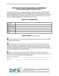 Form FIS2378 Domestic Insurer Exemption Certification - Michigan