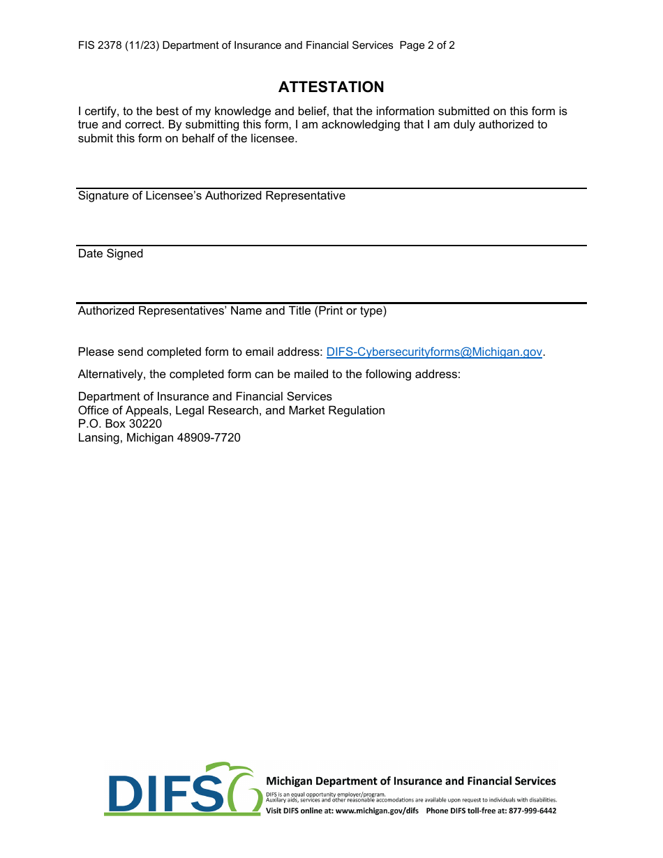 Form FIS2378 Domestic Insurer Exemption Certification - Michigan, Page 2