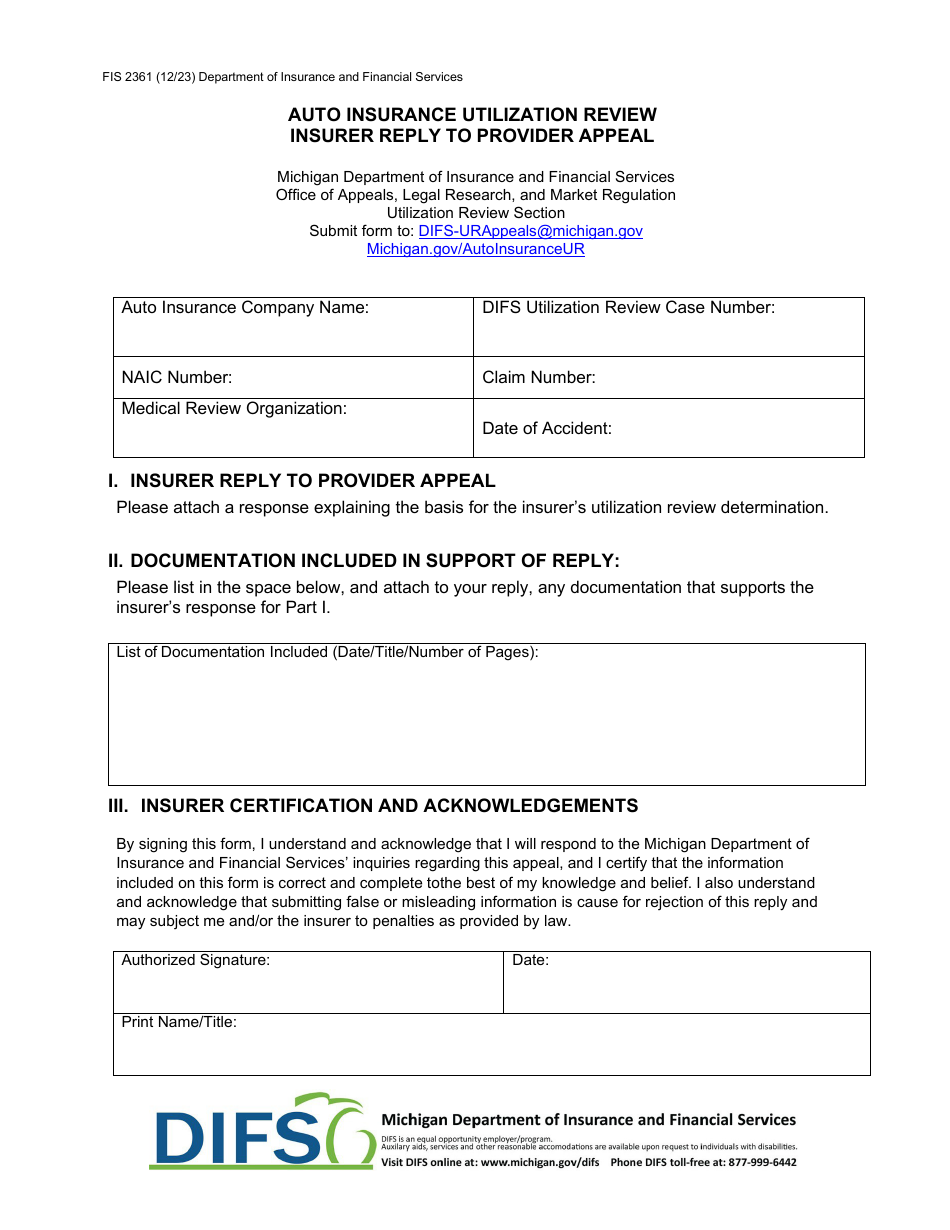 Form FIS2361 Auto Insurance Utilization Review Insurer Reply to Provider Appeal - Michigan, Page 1