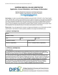 Document preview: Form FIS2366 Surprise Medical Billing Arbitrator Application, Annual Attestation, and Change of Information - Michigan
