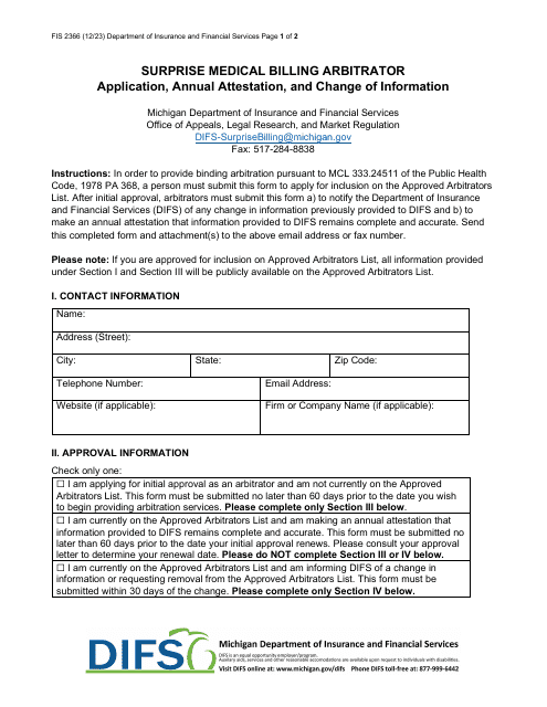 Form FIS2366 Surprise Medical Billing Arbitrator Application, Annual Attestation, and Change of Information - Michigan