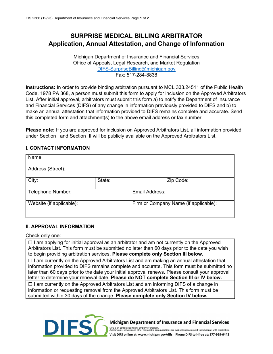 Form FIS2366 Surprise Medical Billing Arbitrator Application, Annual Attestation, and Change of Information - Michigan, Page 1