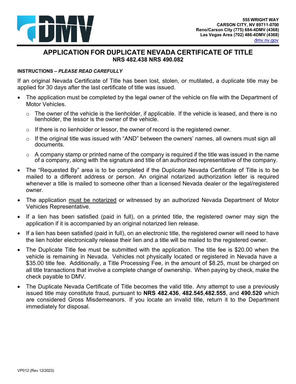 Form VP012 Application for Duplicate Nevada Certificate of Title - Nevada, Page 1