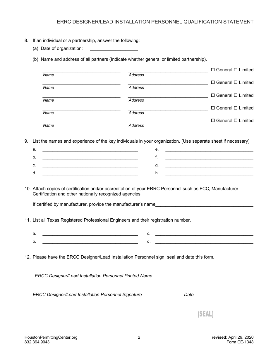 Form CE-1348 Emergency Responder Radio Coverage (Errc) Designer / Lead Installation Personnel Qualification Statement - City of Houston, Texas, Page 2