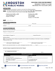 Document preview: Form CE-1273 Request Form to Close Advance Pay Account (Apa) - City of Houston, Texas