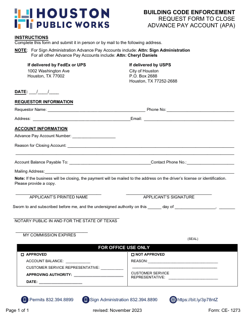 Form CE-1273 Request Form to Close Advance Pay Account (Apa) - City of Houston, Texas