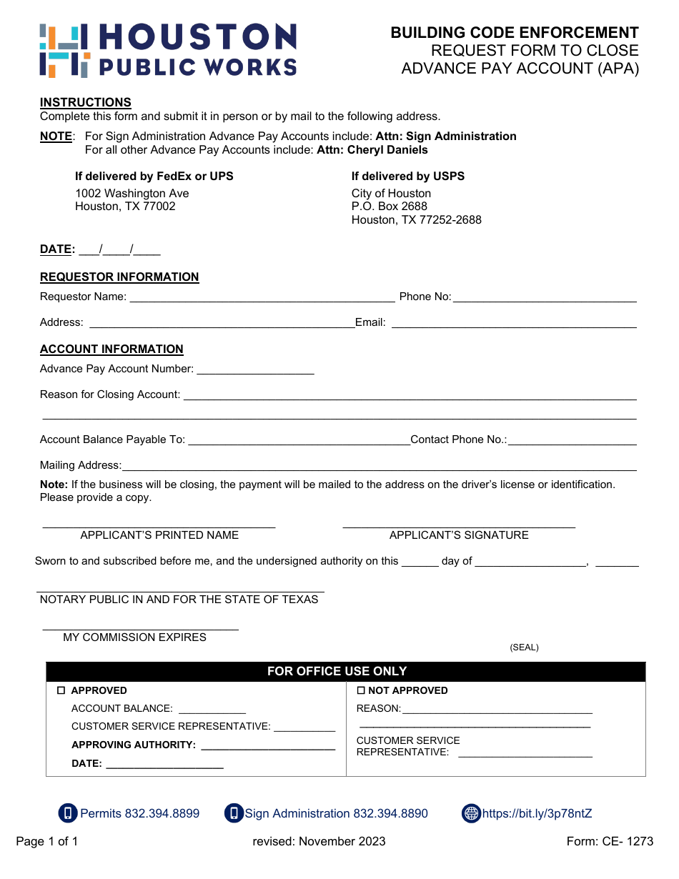 Form CE-1273 Request Form to Close Advance Pay Account (Apa) - City of Houston, Texas, Page 1