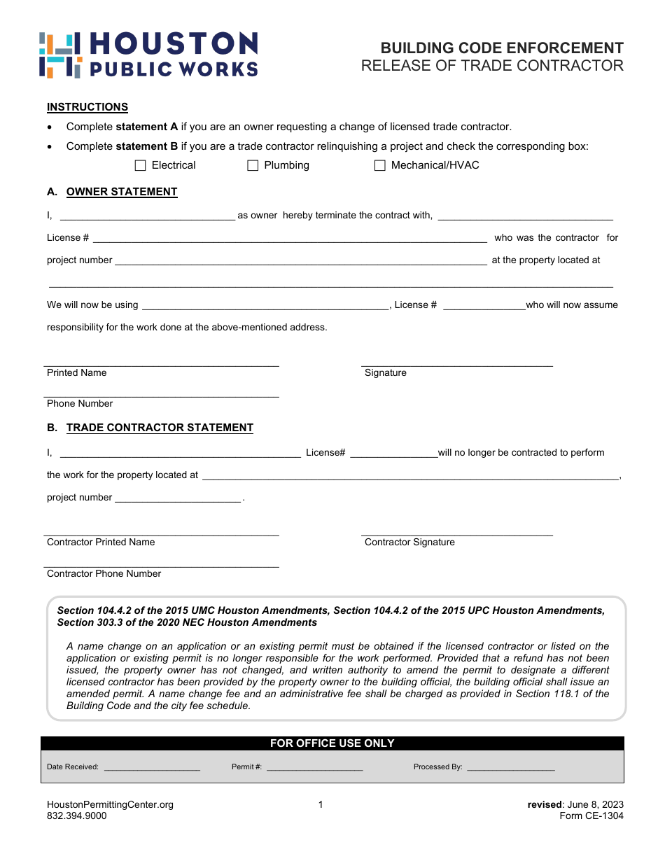 Form CE-1304 Release of Trade Contractor - City of Houston, Texas, Page 1