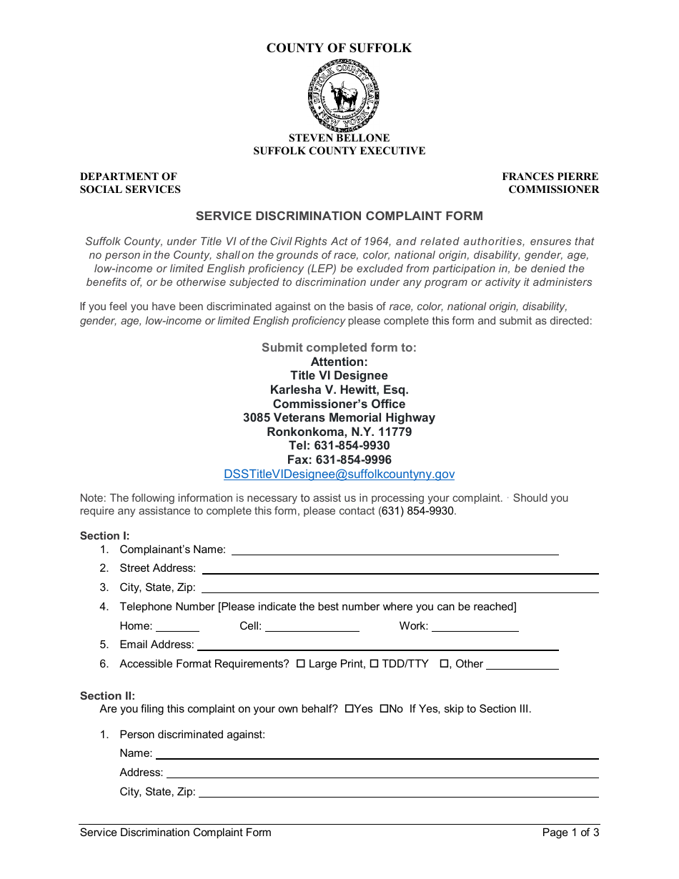 Service Discrimination Complaint Form - Suffolk County, New York, Page 1
