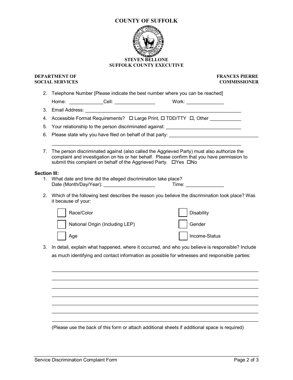 Service Discrimination Complaint Form - Suffolk County, New York, Page 2