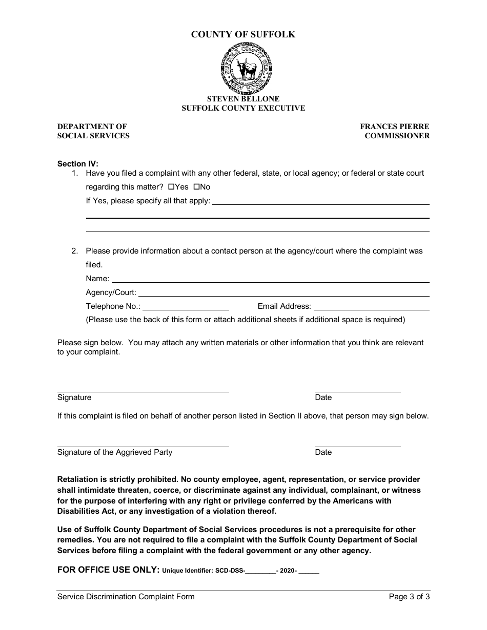Service Discrimination Complaint Form - Suffolk County, New York, Page 3