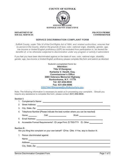 Service Discrimination Complaint Form - Suffolk County, New York Download Pdf