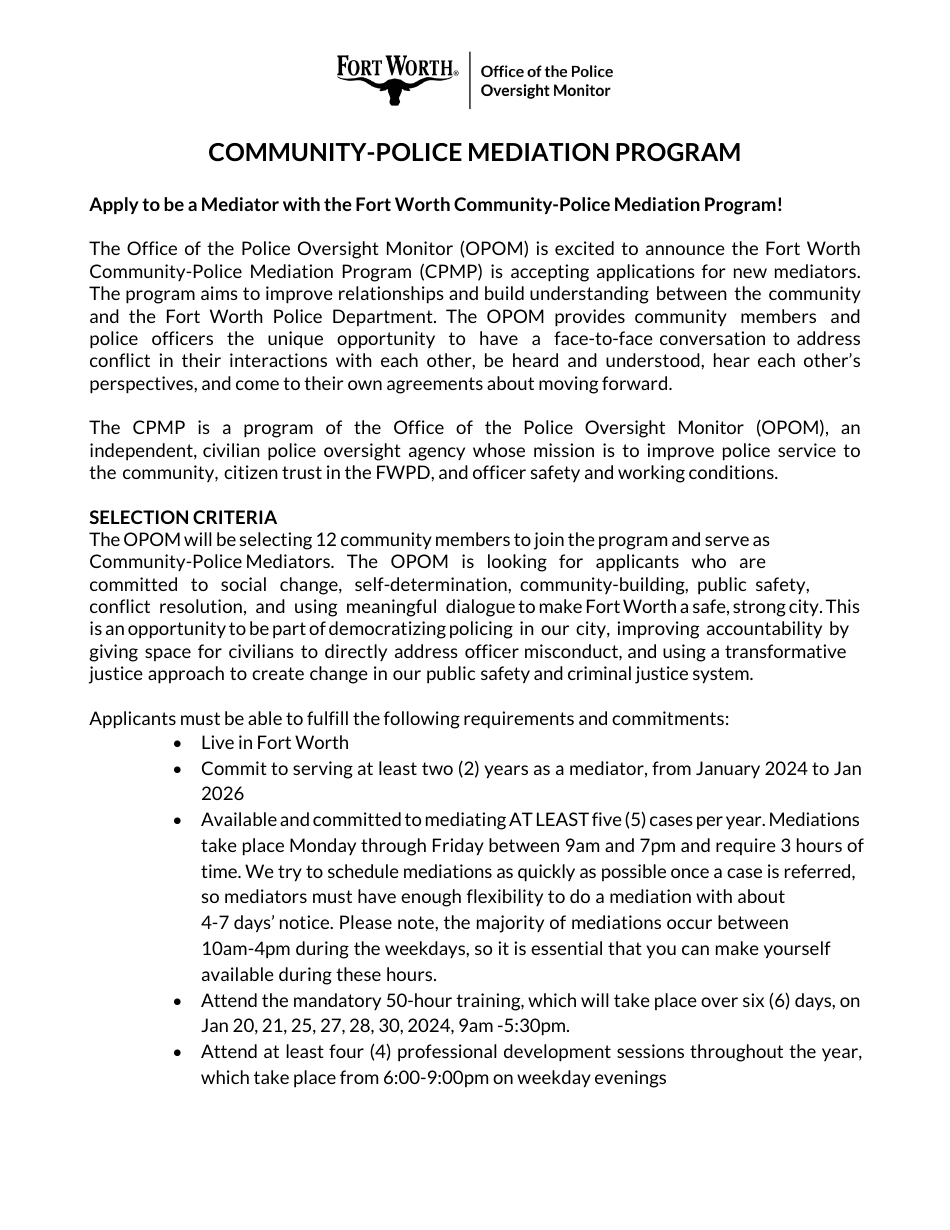 Application for Community-Police Mediator - City of Fort Worth, Texas, Page 1