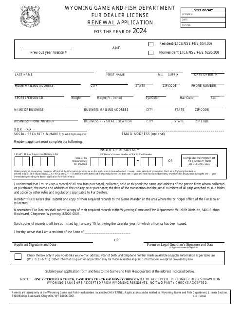 Fur Dealer License Renewal Application - Wyoming, 2024