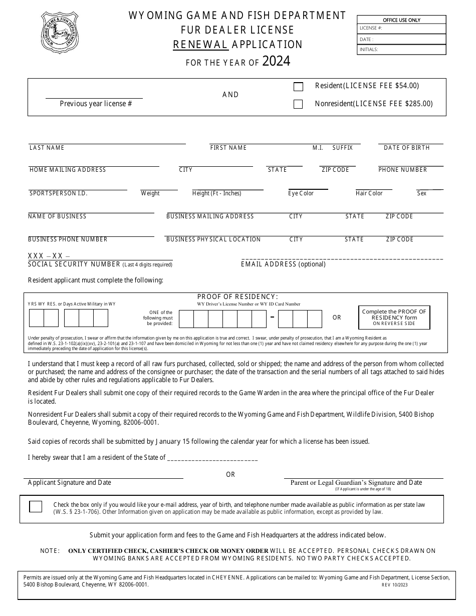 Fur Dealer License Renewal Application - Wyoming, Page 1