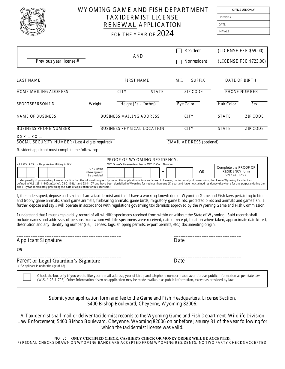 Taxidermist License Renewal Application - Wyoming, Page 1