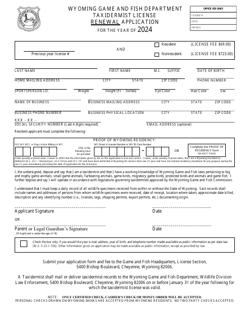 Taxidermist License Renewal Application - Wyoming, 2024