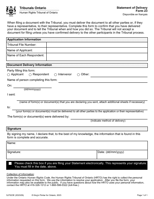 Form 23 Statement of Delivery - Ontario, Canada