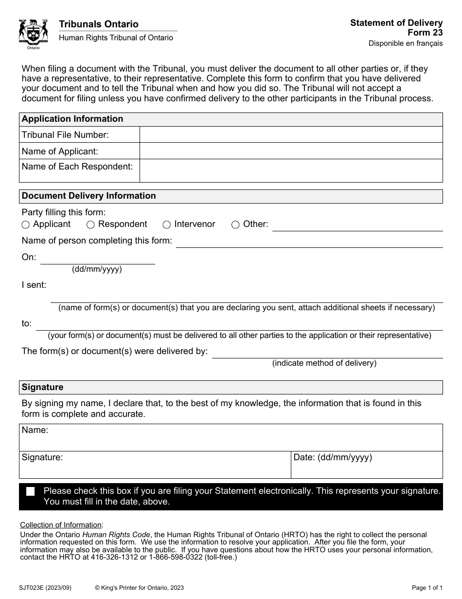 Form 23 Statement of Delivery - Ontario, Canada, Page 1