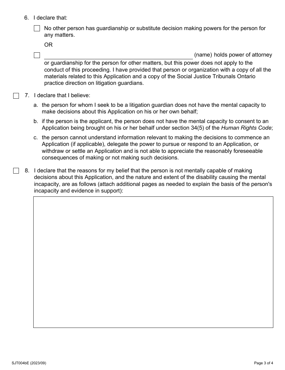 Form 4B Litigation Guardian: Mental Incapacity - Ontario, Canada, Page 3