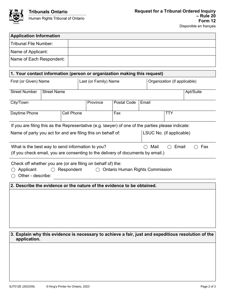 Form 12 Request for a Tribunal Ordered Inquiry - Ontario, Canada, Page 2