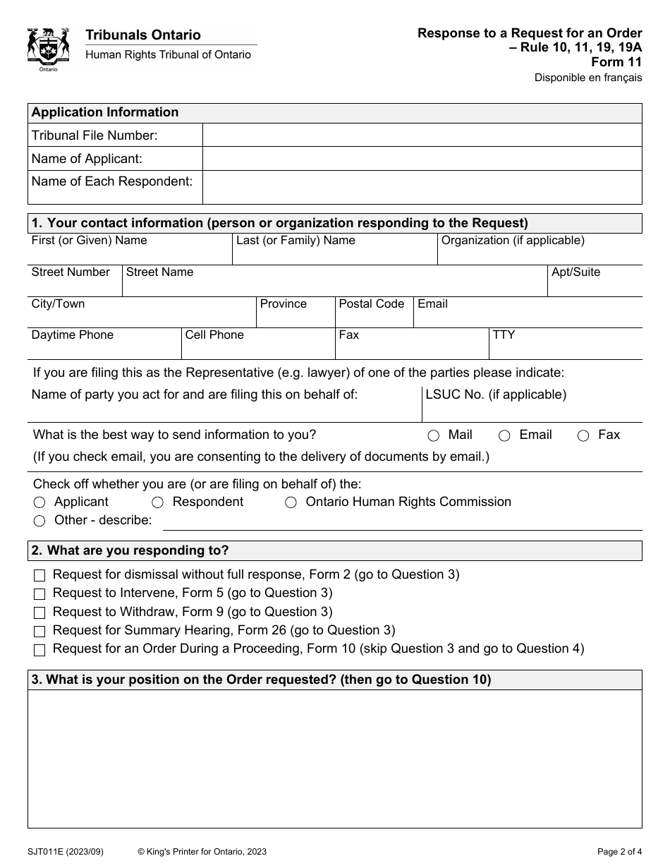 Form 11 Response to a Request for an Order - Ontario, Canada, Page 2