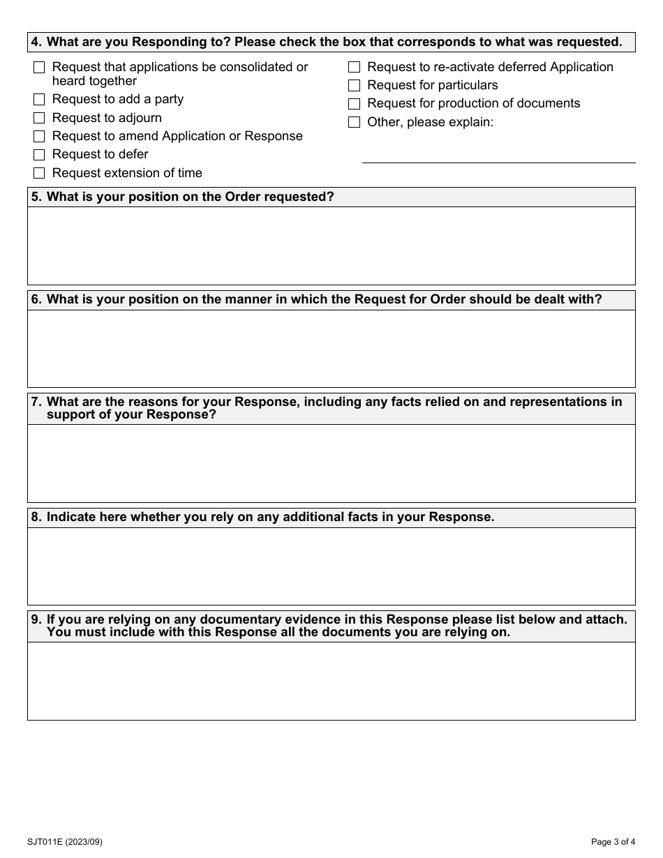 Form 11 Response to a Request for an Order - Ontario, Canada, Page 3