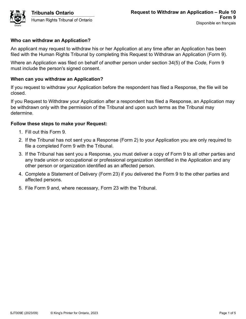 Form 9 Request to Withdraw an Application - Ontario, Canada, Page 1