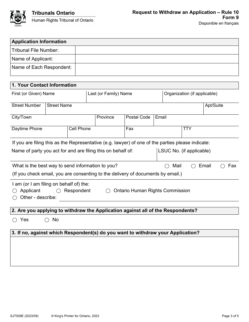 Form 9 Request to Withdraw an Application - Ontario, Canada, Page 3