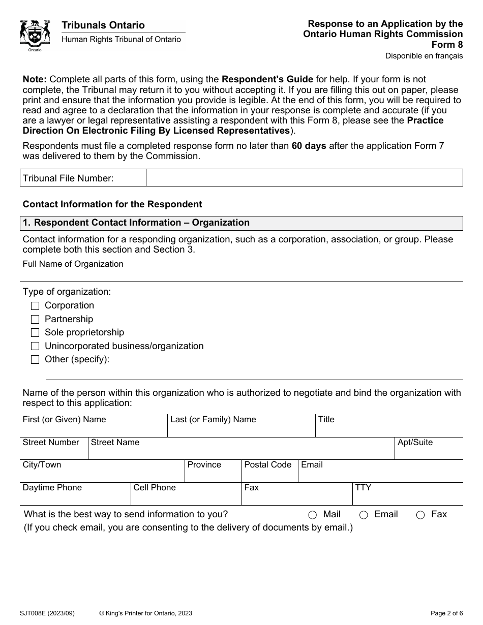 Form 8 Response to an Application by the Ontario Human Rights Commission - Ontario, Canada, Page 2
