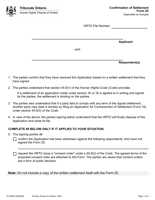 Form 25 Confirmation of Settlement - Ontario, Canada