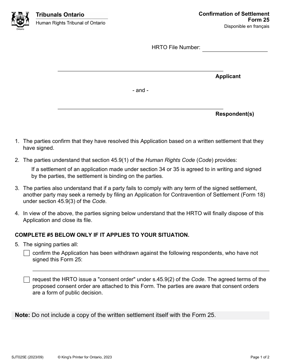 Form 25 Confirmation of Settlement - Ontario, Canada, Page 1