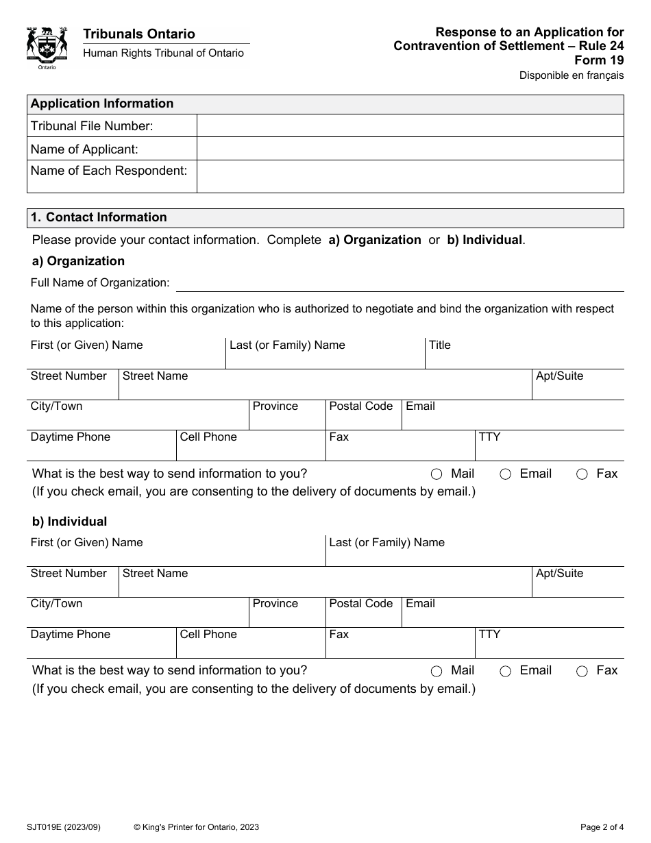 Form 19 Response to an Application for Contravention of Settlement - Ontario, Canada, Page 2