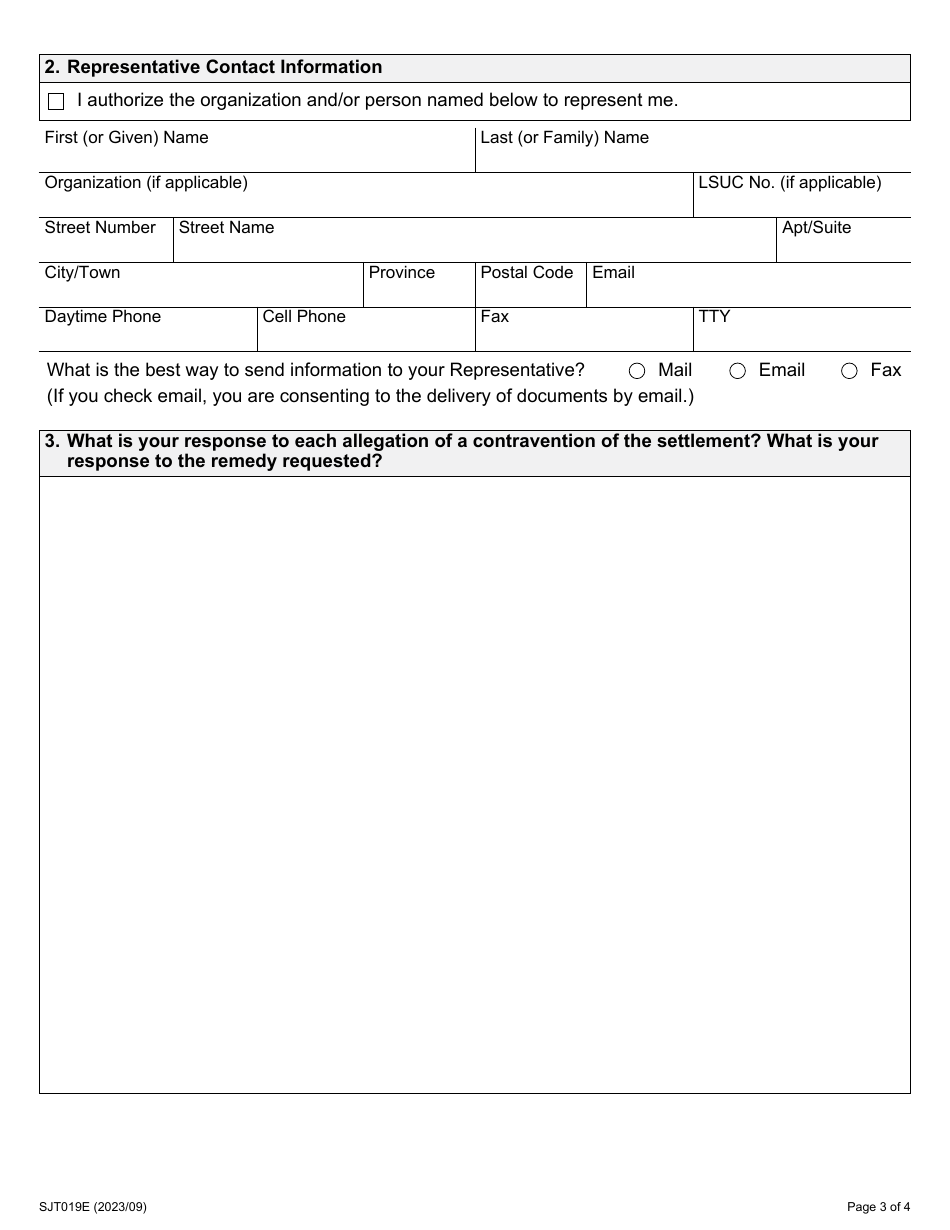 Form 19 Response to an Application for Contravention of Settlement - Ontario, Canada, Page 3