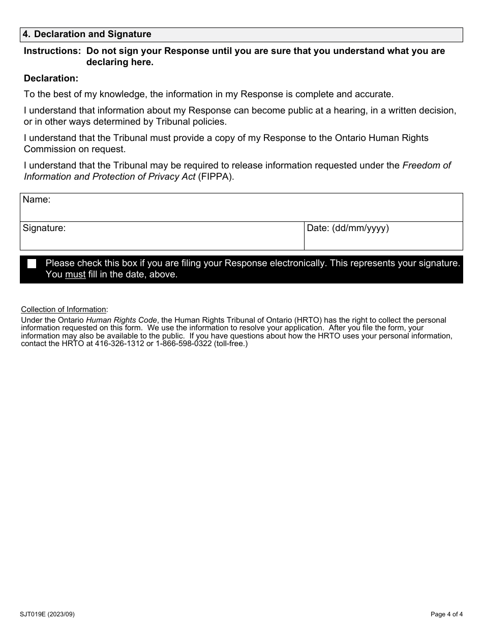 Form 19 Response to an Application for Contravention of Settlement - Ontario, Canada, Page 4