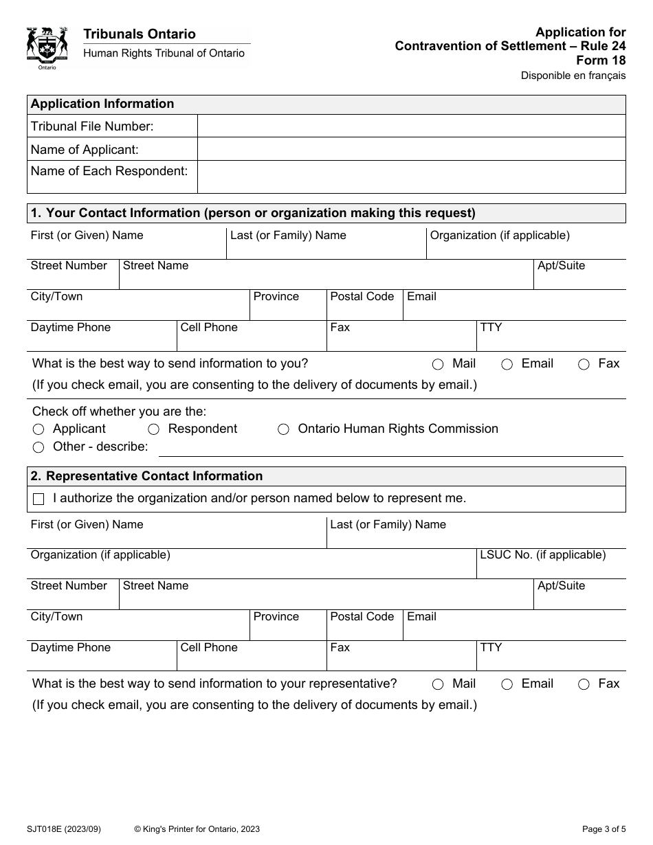 Form 18 Application for Contravention of Settlement - Ontario, Canada, Page 3