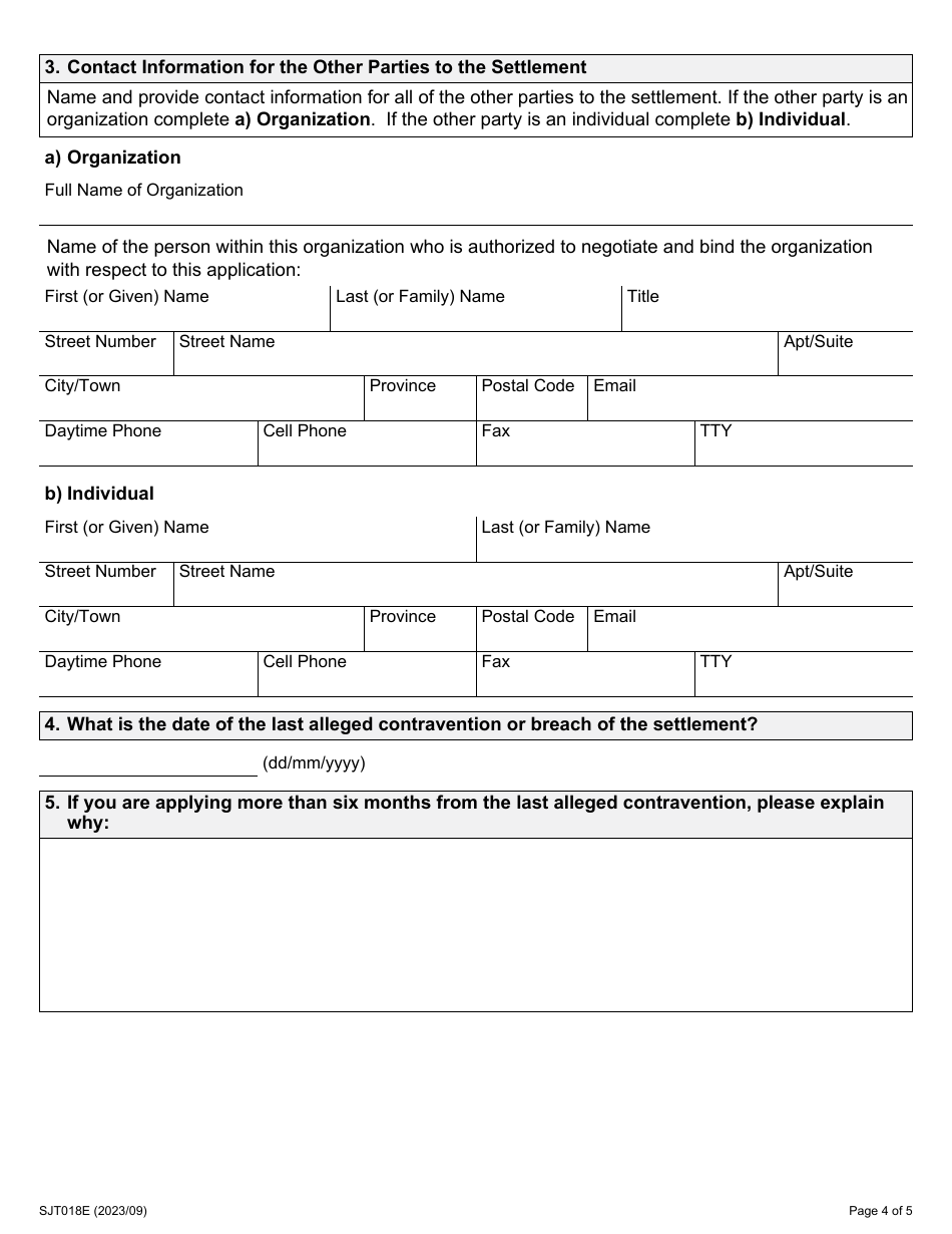 Form 18 Application for Contravention of Settlement - Ontario, Canada, Page 4