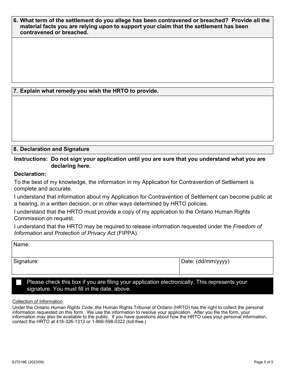 Form 18 Application for Contravention of Settlement - Ontario, Canada, Page 5