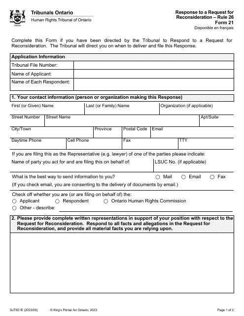 Form 21 Response to a Request for Reconsideration - Ontario, Canada
