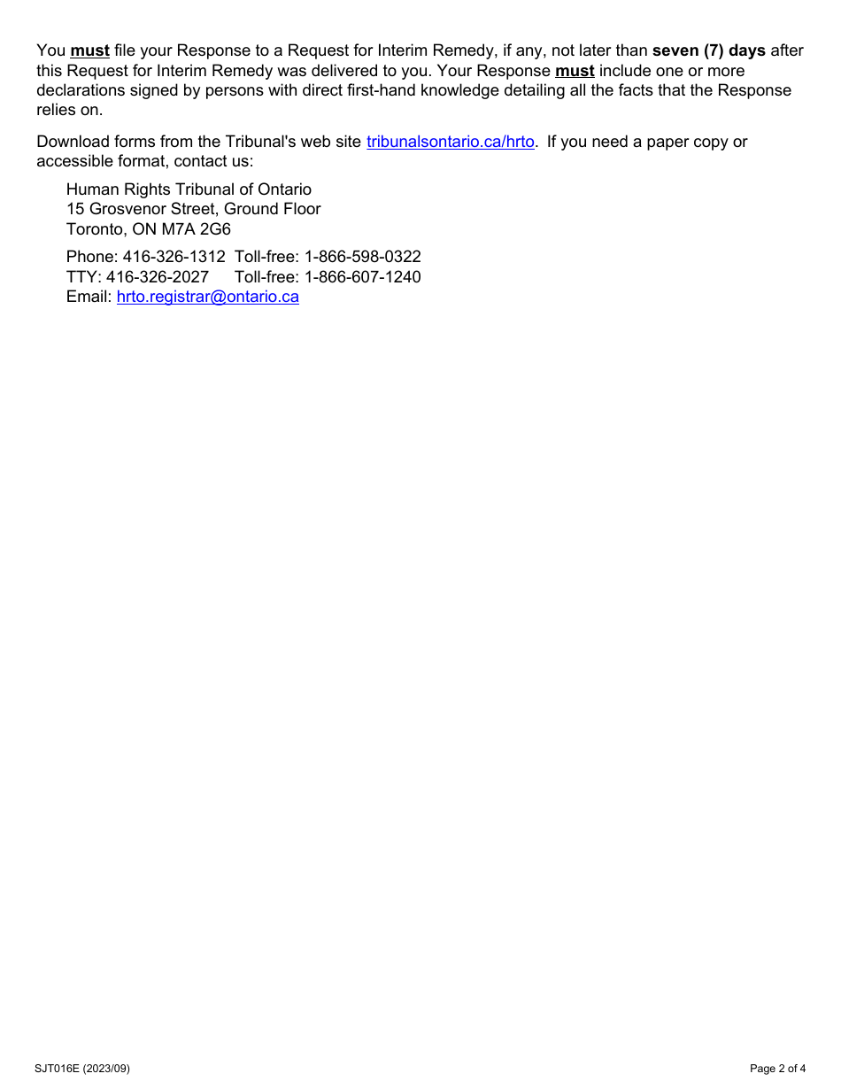 Form 16 Request for Interim Remedy - Ontario, Canada, Page 2