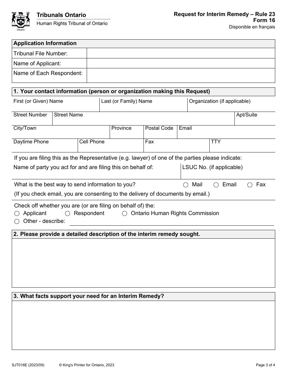 Form 16 Request for Interim Remedy - Ontario, Canada, Page 3