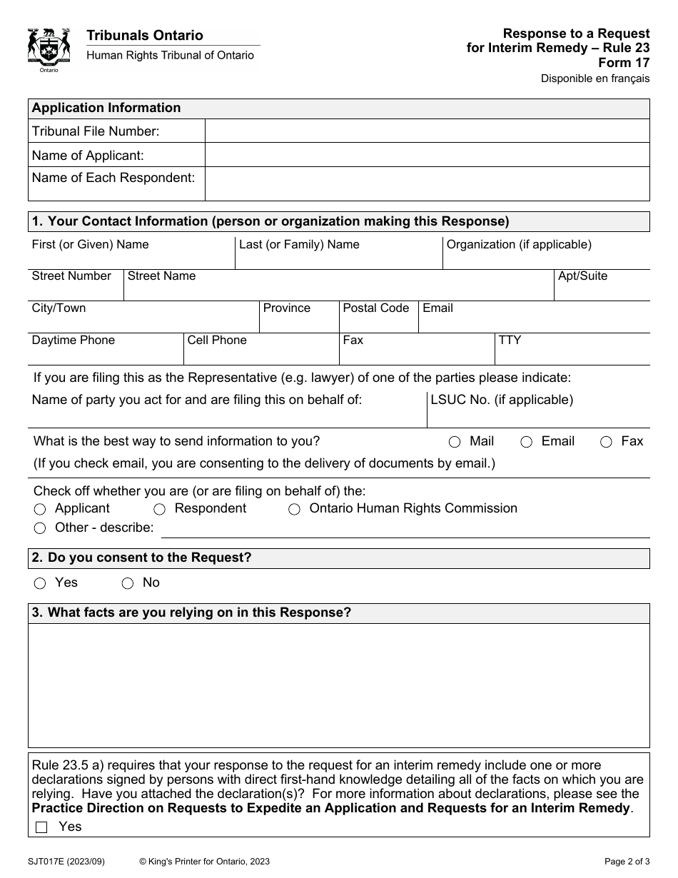 Form 17 Response to a Request for Interim Remedy - Ontario, Canada, Page 2