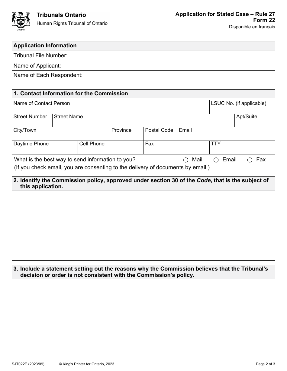 Form 22 Application for Stated Case - Ontario, Canada, Page 2